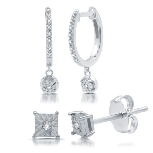 1/10 Cttw Diamond Hoops & Studs Set of 2 Silver Earrings