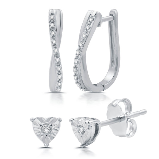 1/10 Cttw Diamond and 925 Sterling Silver Set of 2 Earrings: Heart Studs & Hoops