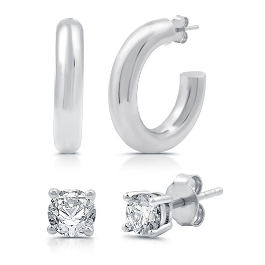 1/10 Cttw Diamond & Studs Hoops - Set of Silver Earrings