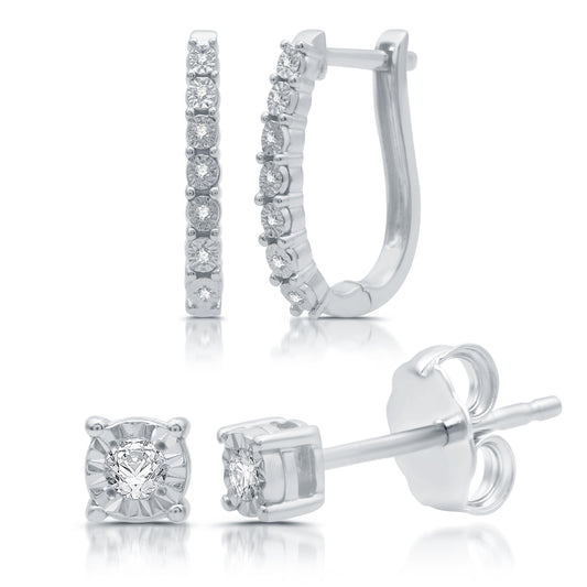 1/10 Cttw Diamond Hoop and Stud Earring Set
