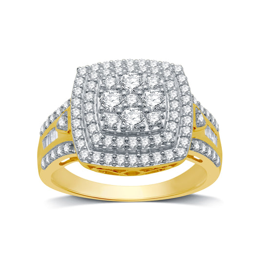 1 Cttw Diamond and Gold over Silver Square Statement Ring - Size 7