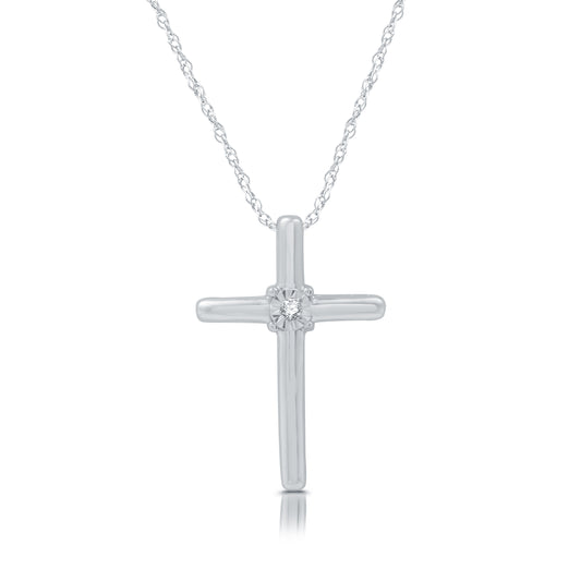 Sterling Silver Cross Pendant with Diamond Accent on 18" Chain