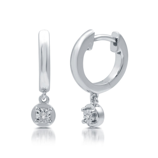 Dangling Diamond Accent Sterling Silver Hoop Earrings with Latch Back Closure